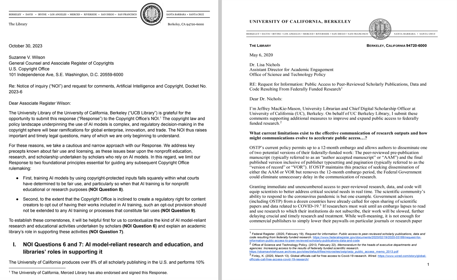 Left: Letterhead from the University of California, Berkeley, regarding copyright and AI, addressed to Suzanne V. Wilson. Dated October 30, 2023, with a focus on copyright issues and public concerns.Right: Letter from Jeffrey MacKie-Mason to Dr. Lisa Nichols discussing public access to federally funded research at UC Berkeley, dated May 6, 2020.