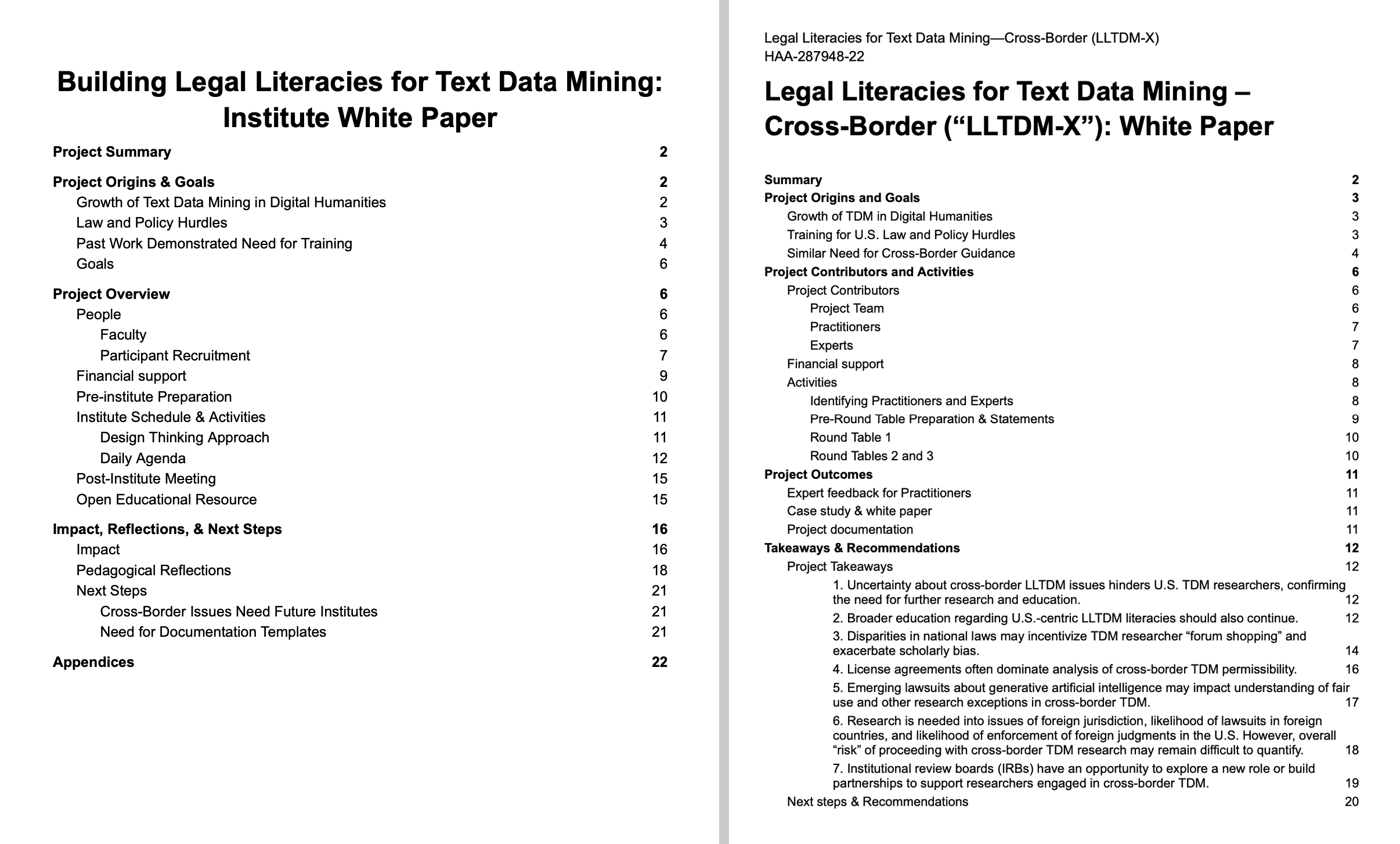 Left: Cover page of a white paper titled "Building Legal Literacies for Text Data Mining: Institute White Paper" with a table of contents. At right: Cover page of a white paper titled "Building Legal Literacies for Text Data Mining – Cross-Border ("LLTDM-X"): White Paper" with a table of contents.