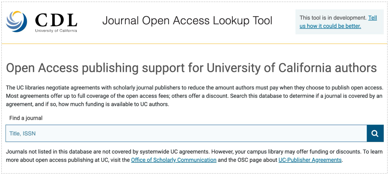 University of California's Journal Open Access Look-up Tool homepage. The page title reads, “Open Access publishing support for University of California authors.” A search bar labeled “Find a journal” allows users to enter a title or ISSN to check funding availability."