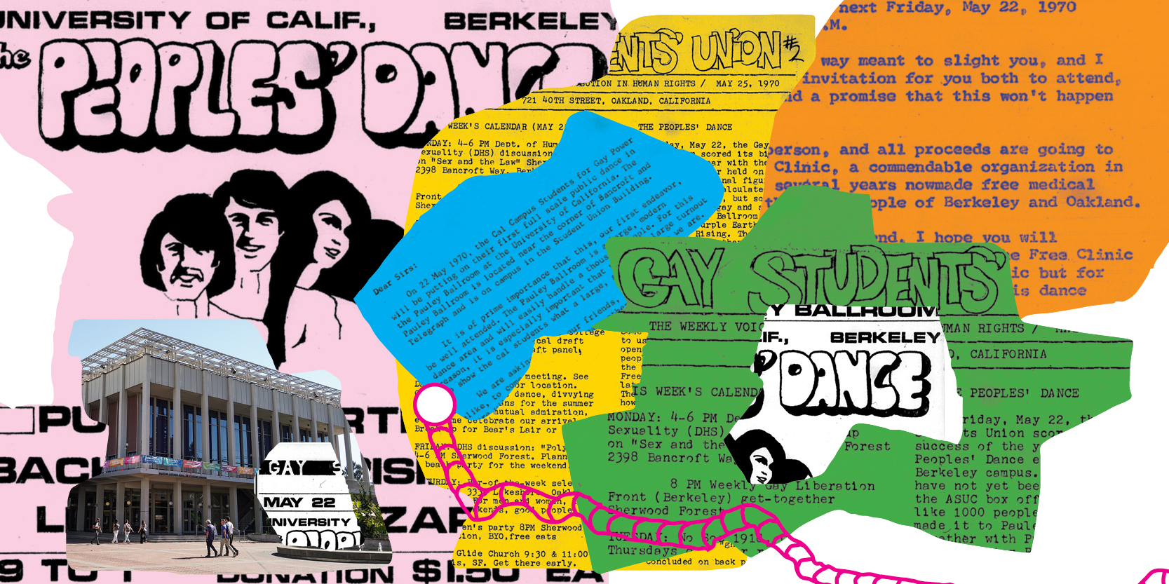 A collage of newsletter and flier clips with words like GAY STUDENTS and PEOPLE'S DANCE and an image of Pauley Ballroom 