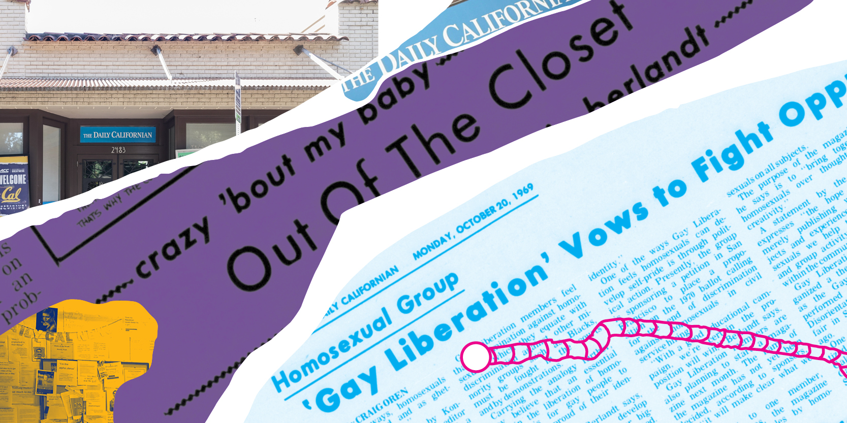 A collage of a newsletter headline that says Out Of The Closet and a news headline that says Liberation' Vows to Fight and an image of the Daily Cal building