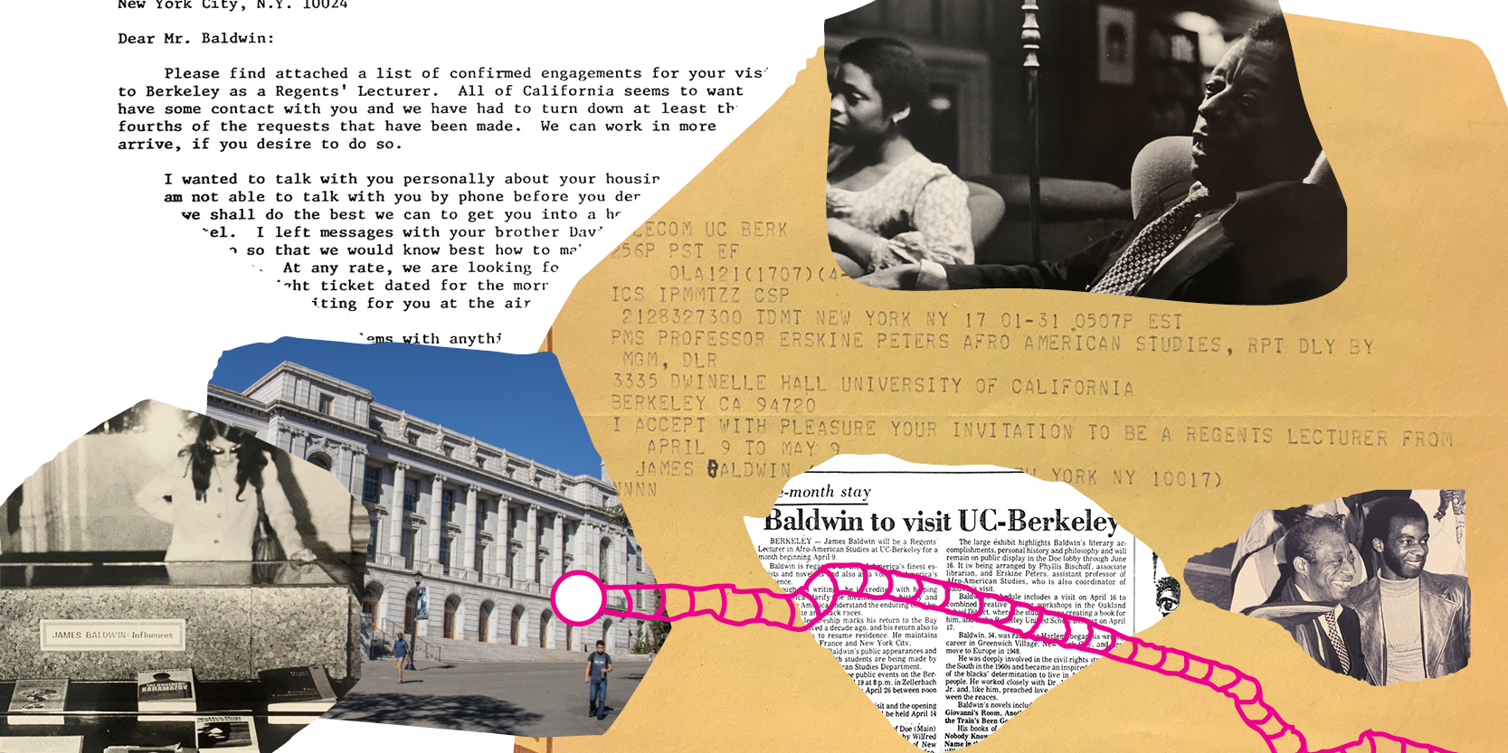 A collage of a letter addressed to Mr. Baldwin and a news headline that reads Baldwin to visit UC-Berkeley with an image of Wheeler Hall 