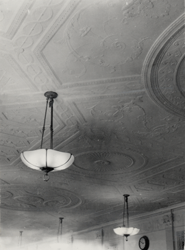 photograph: Reading room 1950s, detail of lamps and ceiling