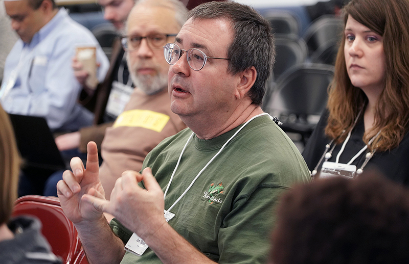 Jon Stiles speaks from the audience during the HathiTrust Research Center (HTRC) UnCamp 2018 on Thursday, Jan. 25, 2018. (Photo by Jami Smith for the University Library)