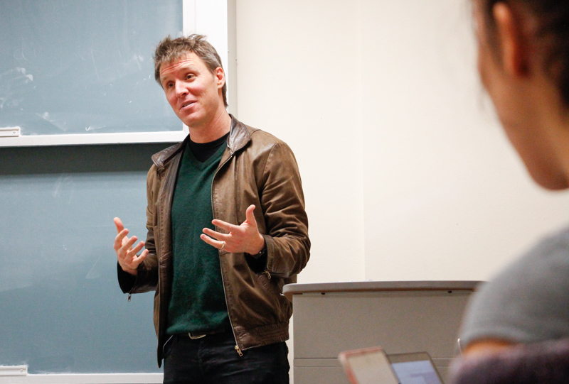 Tom McEnaney, an assistant professor in the Comparative Literature and Spanish and Portuguese departments, teaches a class in the Valley Life Sciences Building on Nov. 20, 2017. This year, he released a book, called “Acoustic Properties: Radio, Narrative, and the New Neighborhood of the Americas.” (Photo by Jami Smith for the University Library)