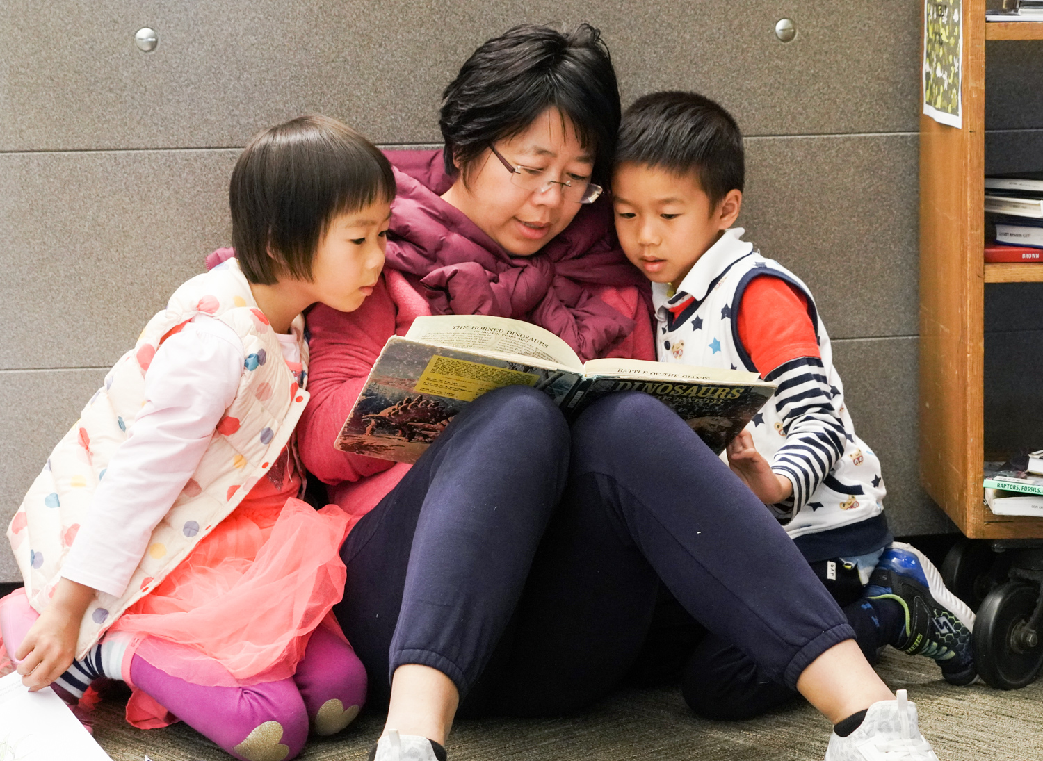 Guests read a book about dinosaurs in the Bioscience and Natural Resources Library on Cal Day, April 21, 2018.