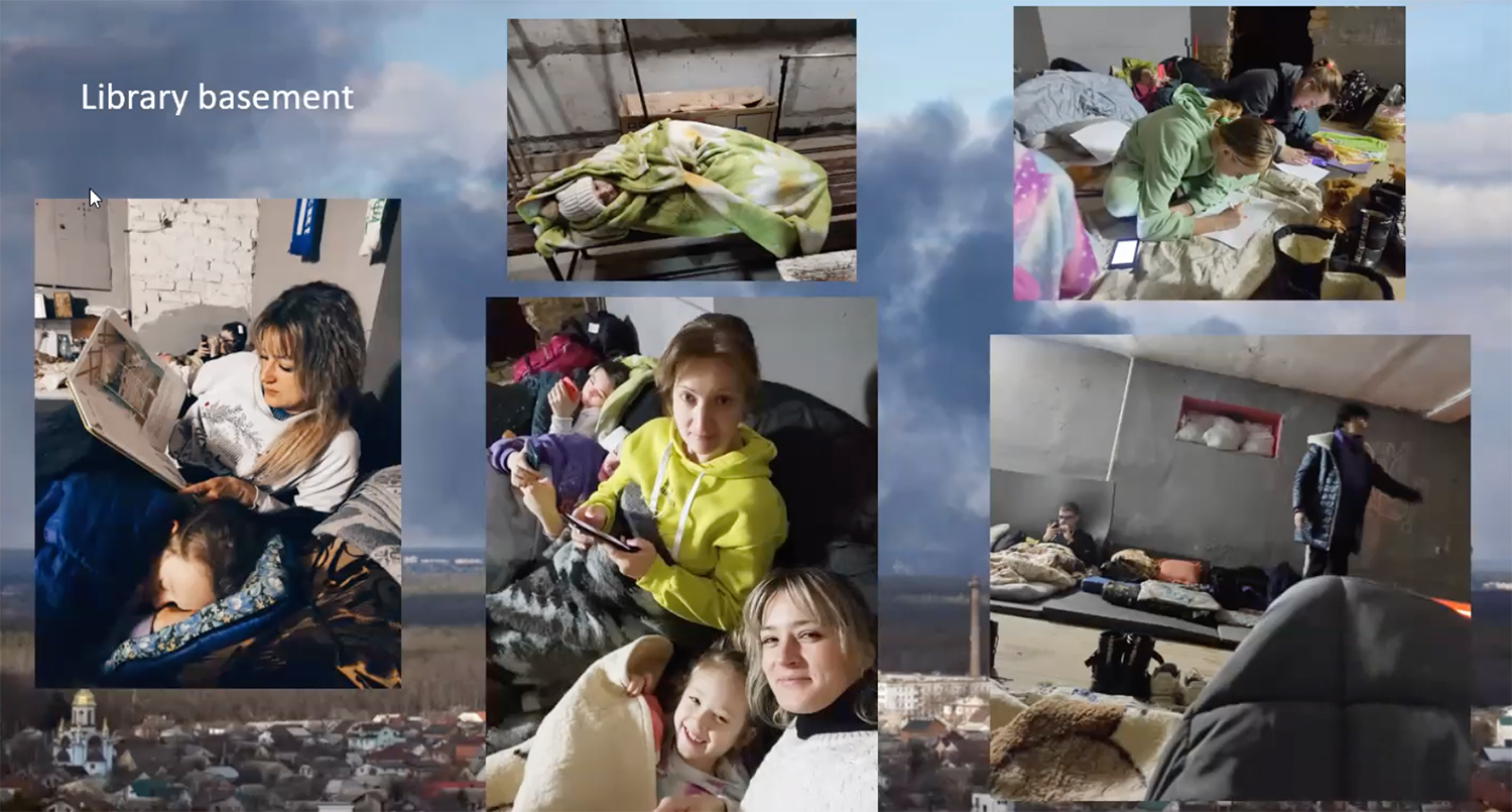 Images of people sheltering at a library in Ukraine